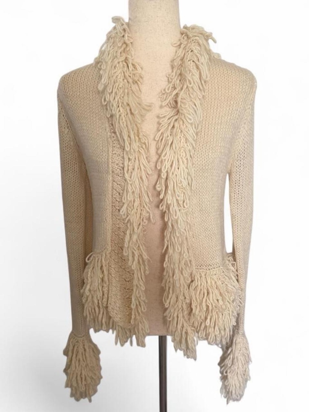 Cream Fringe Cardigan Sweater Open Front Boho Coquette Size Medium Y2k Style